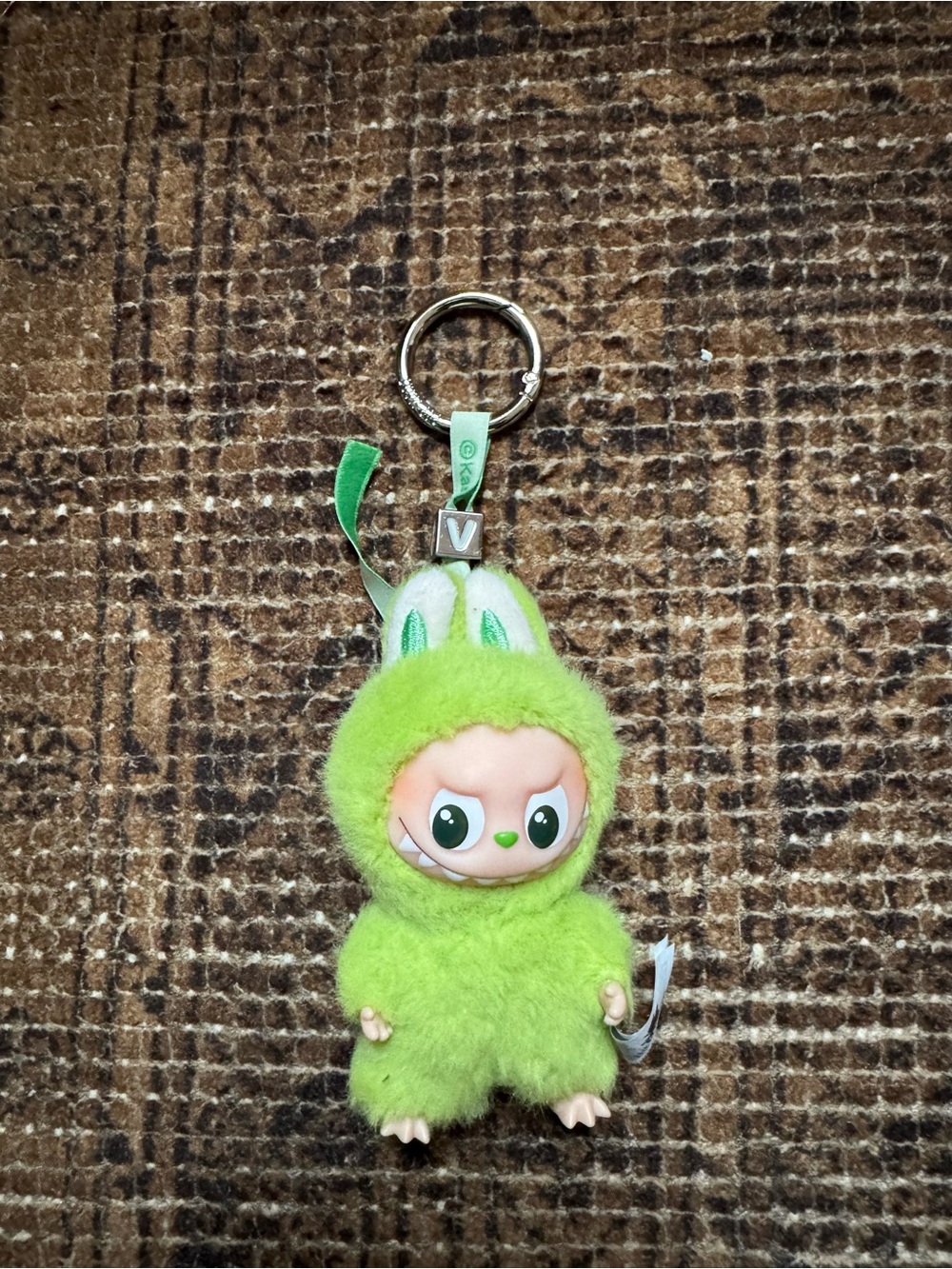 Mini Labubu - letter V Green Furry Bunny Plush Keychain